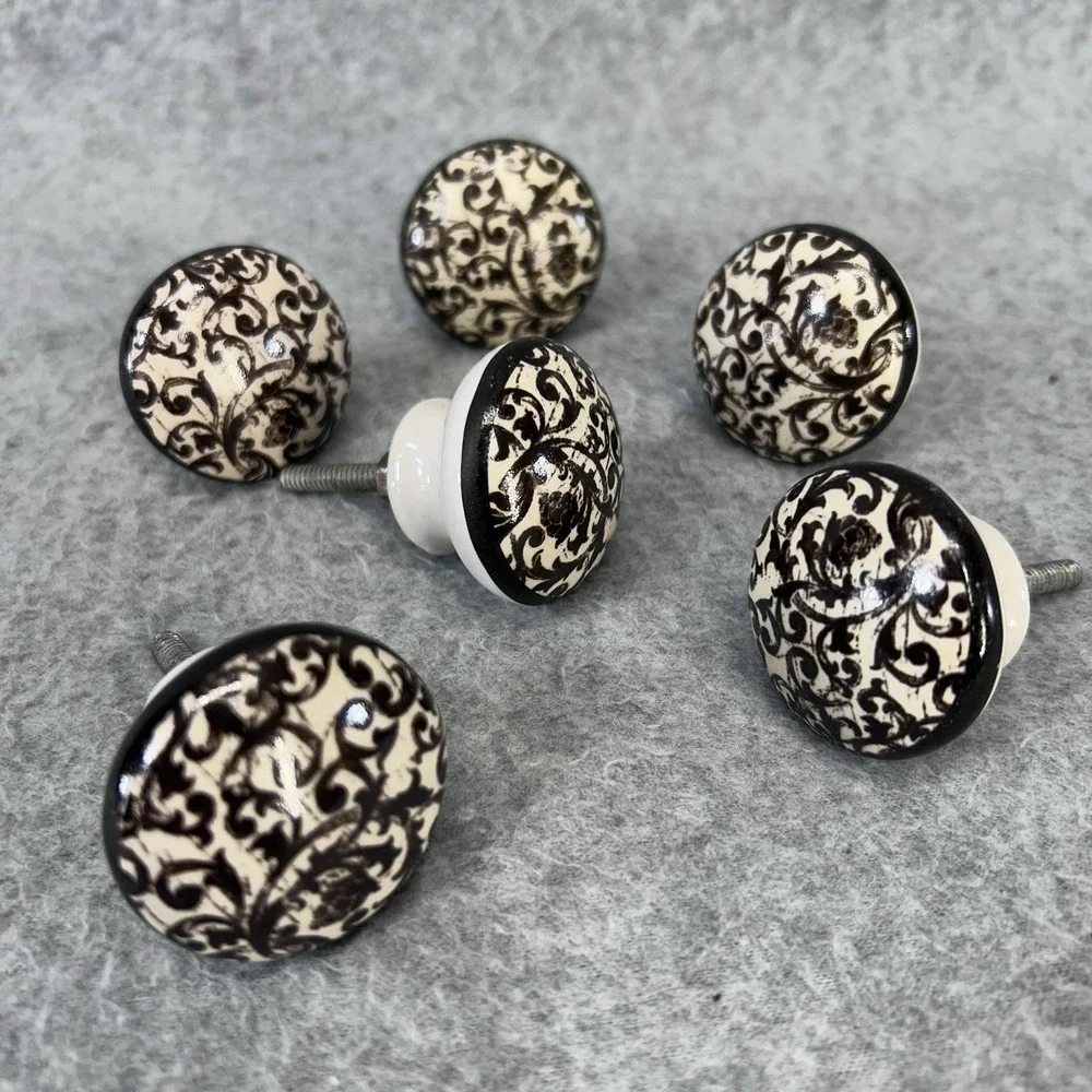 Vtg Porcelain Drawer Pulls floral damask, scroll Cabinet Knobs Lot 6 vine